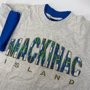 Vintage Signal Sport Mackinac Island T-Shirt Gray Blue Plaid Graphic Mens Medium